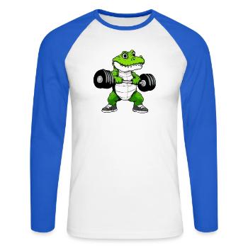 Fitness Krokodil - Unisex Baseballshirt langarm - Weiß/Royalblau - Vorne - Nik (191cm)