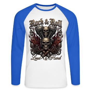 Rock & Roll Skull Flames  - Unisex Baseballshirt langarm - Weiß/Royalblau - Vorne - Nik (191cm)