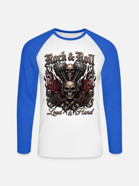 Rock & Roll Skull Flames - Unisex Baseballshirt langarm - Weiß/Royalblau