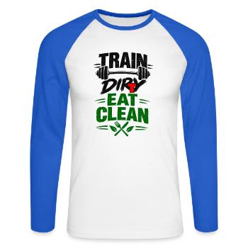 Train, Dirty Eat Clean Fitness Langhanteldesign - Unisex Baseballshirt langarm - Weiß/Royalblau - Vorne - Nik (191cm)