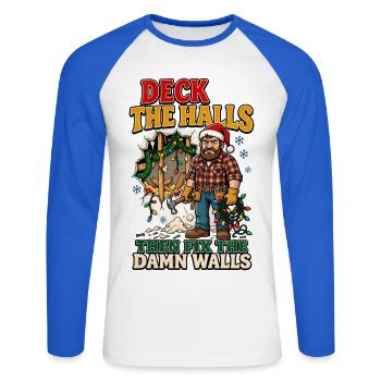 Dekoriere die Flure und repariere dann die Wände - Unisex Baseballshirt langarm - Weiß/Royalblau - Vorne - Nik (191cm)
