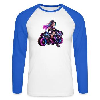 Cyber-Neon-Moto-Königin - Unisex Baseballshirt langarm - Weiß/Royalblau - Vorne - Nik (191cm)