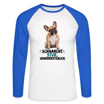  Französische Bulldogge Schnarcht Stur - Unisex Baseballshirt langarm - Weiß/Royalblau - Vorne - Nik (191cm)