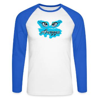 Arezza Blue Eyes-Logo auf Splash - Unisex Baseballshirt langarm - Weiß/Royalblau - Vorne - Nik (191cm)