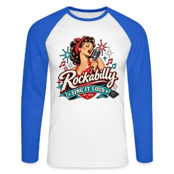 Rockabilly-Sänger – Sing It Loud 1952 - Unisex Baseballshirt langarm - Weiß/Royalblau - Vorne - Nik (191cm)