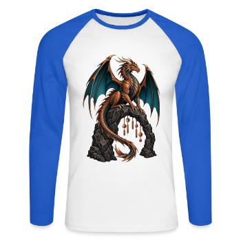 Kupferdrache am Basaltbogen - Unisex Baseballshirt langarm - Weiß/Royalblau - Vorne - Nik (191cm)