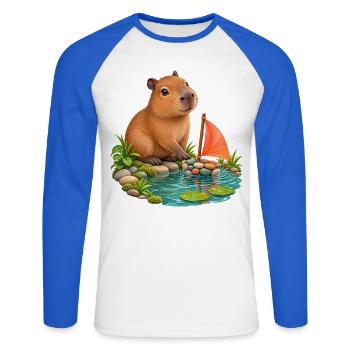 Kleines Capybara am Kieselboot - Unisex Baseballshirt langarm - Weiß/Royalblau - Vorne - Nik (191cm)