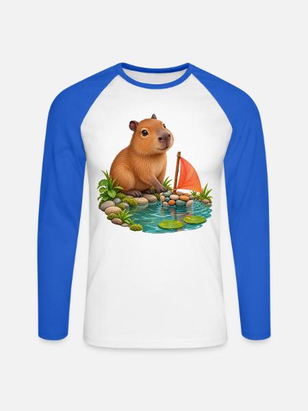 Kleines Capybara am Kieselboot - Unisex Baseballshirt langarm - Weiß/Royalblau