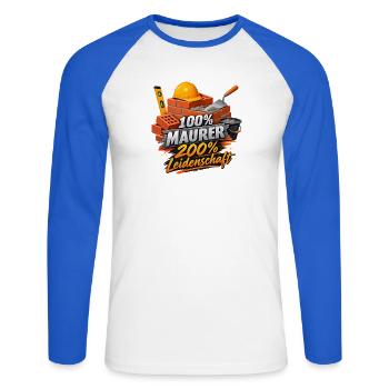 Maurerherz: 100% Maurer, 200% Leidenschaft - Unisex Baseballshirt langarm - Weiß/Royalblau - Vorne - Nik (191cm)