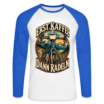 Erst Kaffee dann radeln – Fahrrad & Kaffee - Unisex Baseballshirt langarm - Weiß/Royalblau - Vorne - Nik (191cm)