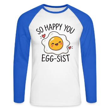 So happy you egg-sist Eier Wortwitz - Unisex Baseballshirt langarm - Weiß/Royalblau - Vorne - Nik (191cm)