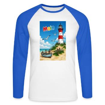 EG Moin Leuchtturm Urlaub Boot Meer Sand Maritim - Unisex Baseballshirt langarm - Weiß/Royalblau - Vorne - Nik (191cm)