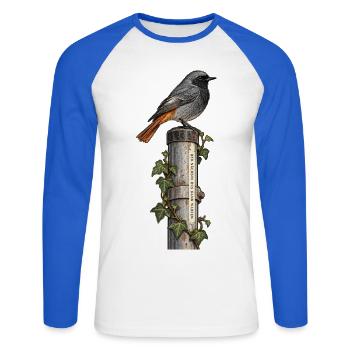 Hausrotschwanz – Der nächste Bus kann warten - Unisex Baseballshirt langarm - Weiß/Royalblau - Vorne - Nik (191cm)