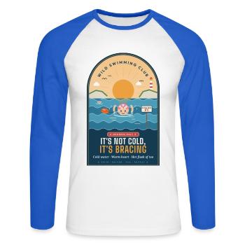 Wilder Schwimmclub Es ist nicht kalt Es ist erfrischend - Unisex Baseballshirt langarm - Weiß/Royalblau - Vorne - Nik (191cm)