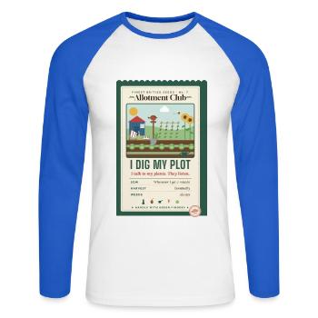 Ich freue mich über das Gärtnergeschenk meines Parzellen-Allotment Clubs. - Unisex Baseballshirt langarm - Weiß/Royalblau - Vorne - Nik (191cm)