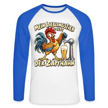 Mein Lieblingstier ist der Zapfhahn – Lustiger Bie - Unisex Baseballshirt langarm - Weiß/Royalblau - Vorne - Nik (191cm)