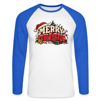 Merry Crisis – Lustiges Weihnachtsdesign - Unisex Baseballshirt langarm - Weiß/Royalblau - Vorne - Nik (191cm)