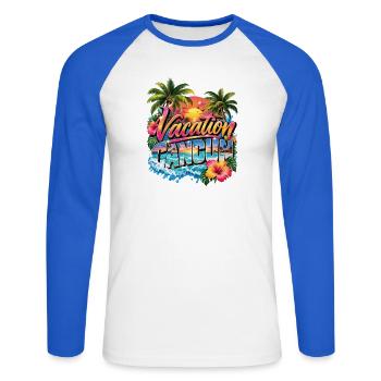 Cancun-Urlaubsuntergang - Unisex Baseballshirt langarm - Weiß/Royalblau - Vorne - Nik (191cm)