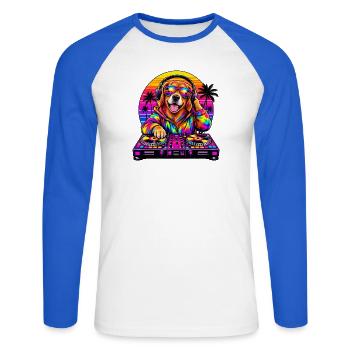 Neon-DJ-Hund in Sunset Palms - Unisex Baseballshirt langarm - Weiß/Royalblau - Vorne - Nik (191cm)