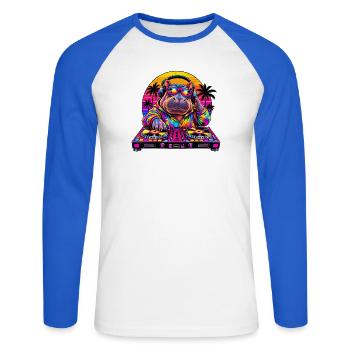 Neon Hippo DJ Sunset - Unisex Baseballshirt langarm - Weiß/Royalblau - Vorne - Nik (191cm)