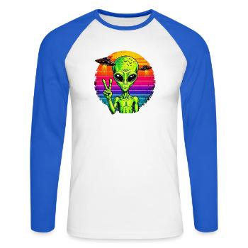 Psychedelisches Alien-Friedenszeichen - Unisex Baseballshirt langarm - Weiß/Royalblau - Vorne - Nik (191cm)