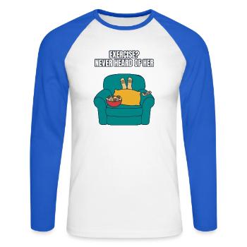 Exercise Nie von ihrem lustigen Sofa gehört - Unisex Baseballshirt langarm - Weiß/Royalblau - Vorne - Nik (191cm)