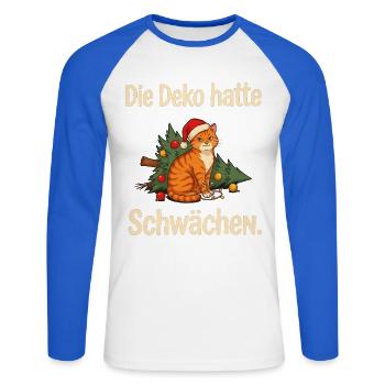 Katze Weihnachten Umgekippter Weihnachtsbaum Humor - Unisex Baseballshirt langarm - Weiß/Royalblau - Vorne - Nik (191cm)