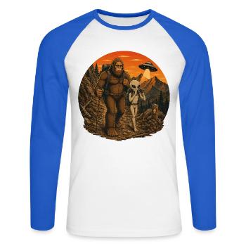 Bigfoot Alien Wandern - Unisex Baseballshirt langarm - Weiß/Royalblau - Vorne - Nik (191cm)