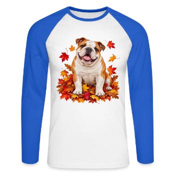 Herbstbulldog auf Laubteppich - Unisex Baseballshirt langarm - Weiß/Royalblau - Vorne - Nik (191cm)