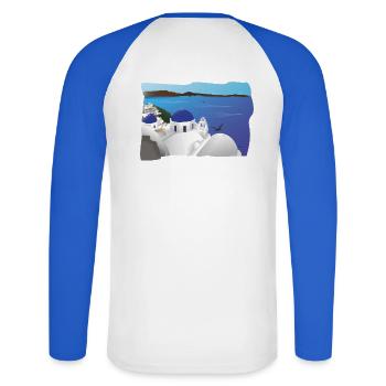 Santorin Bleu et Mer Azur - T-shirt baseball manches longues Homme - blanc/bleu royal - Dos - Nik (191cm)