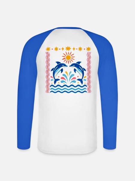 Bunte Delfine bei Sonnenaufgang - Unisex Baseballshirt langarm - Weiß/Royalblau