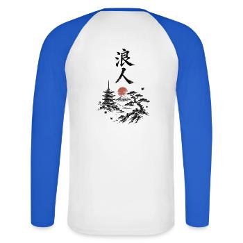 Zen Landschaft Rote Sonne - Unisex Baseballshirt langarm - Weiß/Royalblau - Hinten - Nik (191cm)