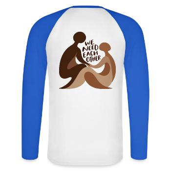We Need Each Other - Unisex Baseballshirt langarm - Weiß/Royalblau - Hinten - Nik (191cm)