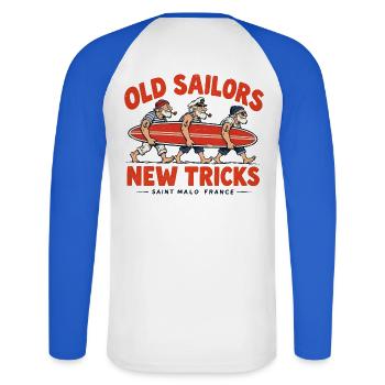 Old Sailors New Tricks Abschlag - Unisex Baseballshirt langarm - Weiß/Royalblau - Hinten - Nik (191cm)