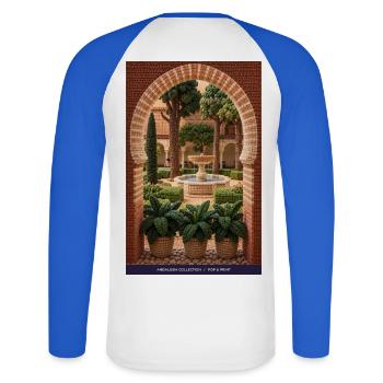 Andalusische Hofromantik - Unisex Baseballshirt langarm - Weiß/Royalblau - Hinten - Nik (191cm)