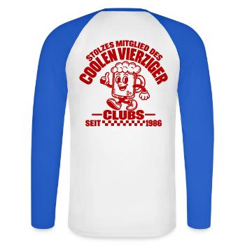 40er Club 1986 – Stolzer Jahrgang - Unisex Baseballshirt langarm - Weiß/Royalblau - Hinten - Nik (191cm)
