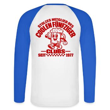 50er Club 1977 – Stolzer Jahrgang - Unisex Baseballshirt langarm - Weiß/Royalblau - Hinten - Nik (191cm)