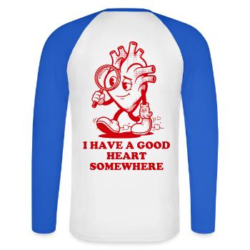 Ich habe ein gutes Herz. Irgendwo - Unisex Baseballshirt langarm - Weiß/Royalblau - Hinten - Nik (191cm)