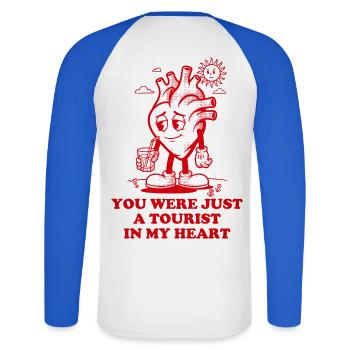 Du warst in meinem Herzen nur ein Tourist - Unisex Baseballshirt langarm - Weiß/Royalblau - Hinten - Nik (191cm)