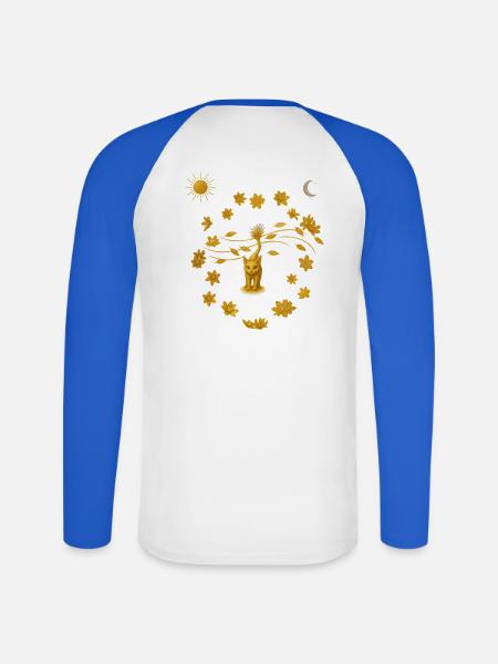 Goldkatze im Blütenkreis - Unisex Baseballshirt langarm - Weiß/Royalblau