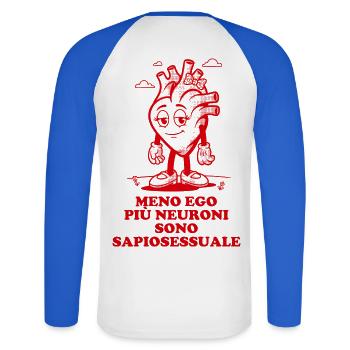 Je weniger Ego, desto mehr Neuronen sind sapiosexuell - Unisex Baseballshirt langarm - Weiß/Royalblau - Hinten - Nik (191cm)