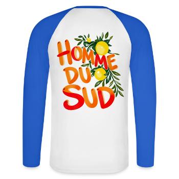 Southern Man Citrus Sun - Unisex Baseballshirt langarm - Weiß/Royalblau - Hinten - Nik (191cm)