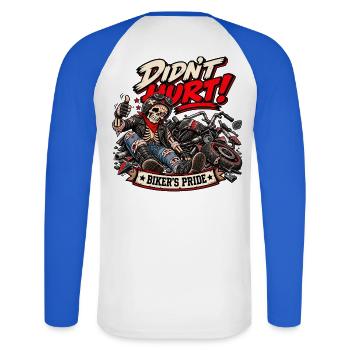 Nicht mal schlecht, Biker-Stolz. Biker-Humor - Unisex Baseballshirt langarm - Weiß/Royalblau - Hinten - Nik (191cm)