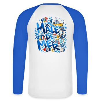 Männlicher Sea Nautical Illustrated Ocean Blue - Unisex Baseballshirt langarm - Weiß/Royalblau - Hinten - Nik (191cm)