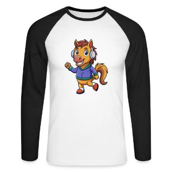 Pferd Lustige Zeichentrickfigur Kopfhörer Musik - Unisex Baseballshirt langarm - Weiß/Schwarz - Vorne - Nik (191cm)