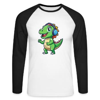 Dinosaur Funny Cartoon Character Headphone Music - Unisex Long Sleeve Baseball T-Shirt - white/black - Front - Nik (191cm)