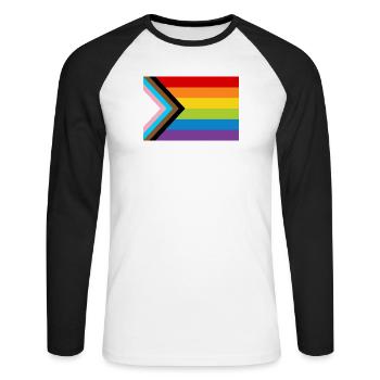 LGBT Pride Flag / Neue Regenbogen Progress Flagge - Unisex Baseballshirt langarm - Weiß/Schwarz - Vorne - Nik (191cm)