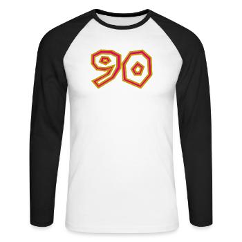 90. 90 JAHRE. 90-JÄHRIGES JUBILÄUM. 90-JÄHRIGES JUBILÄUM. - Unisex Baseballshirt langarm - Weiß/Schwarz - Vorne - Nik (191cm)