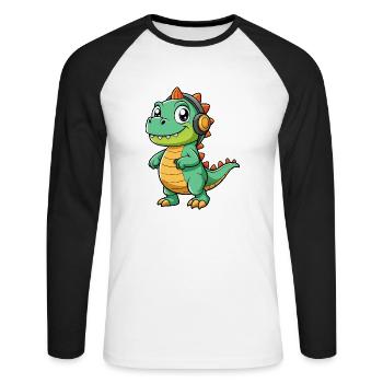 Dinosaur Funny Cartoon Character Headphone Music - Unisex Long Sleeve Baseball T-Shirt - white/black - Front - Nik (191cm)