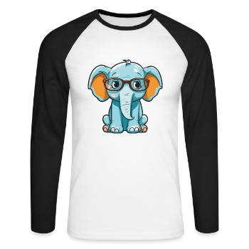 Elefant mit Brille Cartoon Kawaii Illustration - Unisex Baseballshirt langarm - Weiß/Schwarz - Vorne - Nik (191cm)